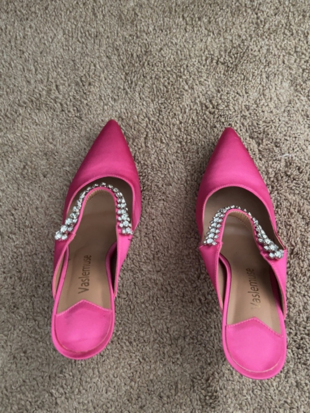 Pink Satin Pointed Mule Heels with Crystal Trim